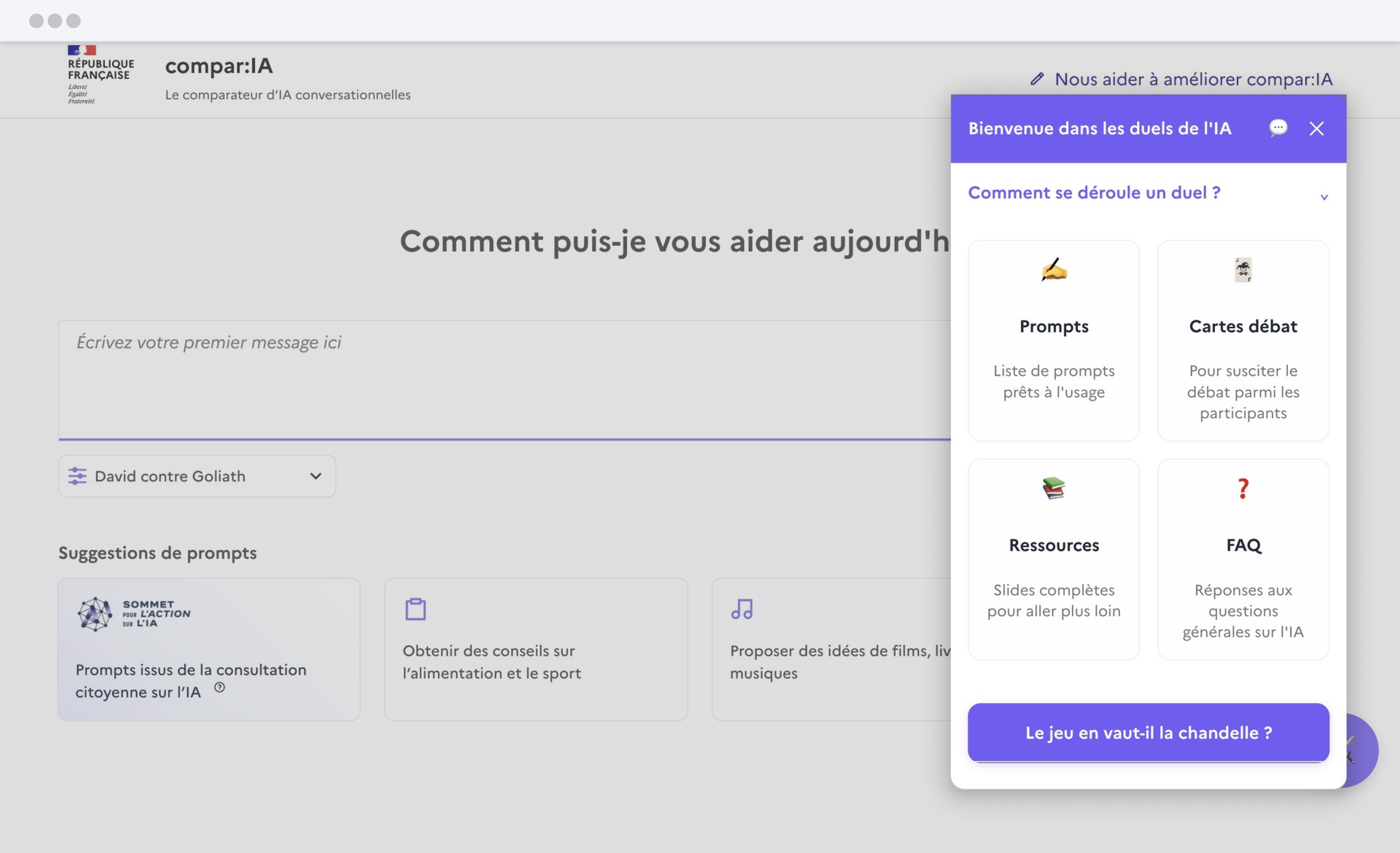 Capture d'écran de l'extension Chrome présentant les duels de l'IA